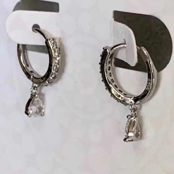 Silver Crystal Tear Drop Huggie Hoop Earrings - Picture 3 of 3